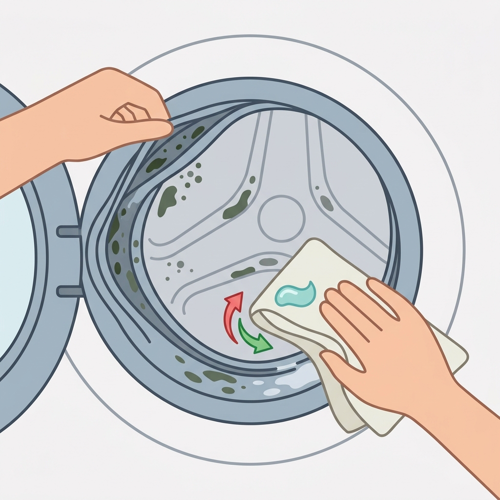 마른 천과 치약을 활용한 곰팡이 세척 방법을(를) 설명하는 그림